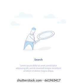 Flat Line Icon Concept of Searching, Research, Web Surfing or Looking for information. Cute cartoon man with magnifying glass, searching for something. Isolated vector illustration.