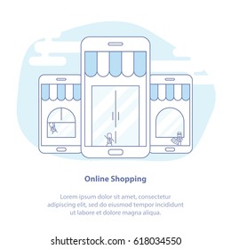 Flat Line Icon Concept Set: Shopping, Online Shopping Concept. Mobile Phone with Internet Shop Storefront. 