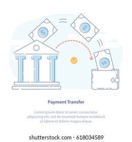 Flat Line Icon Concept Set: Money Savings, Payment Transfer Technology And Bank Deposit. Bank Building And Wallet With Money. Light Cartoon Edition.