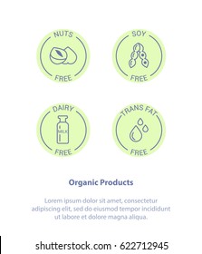 Flat line icon concept set of Warning label icons. Allergens Nuts, Dairy, Trans fats, Soy. Vegetarian and organic symbols. Food Intolerance. Isolated vector illustration.