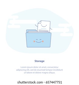 Flat line icon concept of Storage, Folder with Documents, Portfolio or Database. Cute cartoon isolated vector illustration.