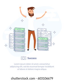 Flat Line Icon Concept of Success. Happy Cartoon Character with Stacks of Money