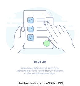 Flat line icon concept of survey or exam form paper sheets pile with answered quiz checklist and success result assessment, idea of education test, questionnaire. Vector illustration flat style