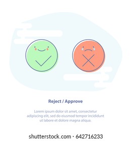 Flat line icon concept of thin line check mark buttons - Accept / Refuse or Approve / Reject. Green tick and red cross checkmarks flat line icons set. Isolated vector illustration. 