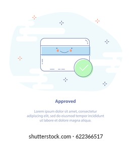 Icono de línea plana de tarjeta de crédito verificada, comprobada o aprobada. Comprobar signo, tarjeta de crédito feliz. Ilustración vectorial aislada