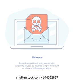 Flat line icon concept of Virus, Message Spam. Open Upset Envelope with Warning, Alert Notification on Laptop Computer. Isolated vector illustration. 