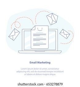 Flat line icon concept of Web page, E-mail marketing, Mailing, News Letter Advertising.  Communication, sharing spam, news and information, promotion, sending email concept. Isolated vector.