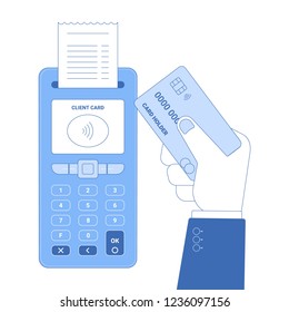 Flat line icon concept of wireless payment, NFC payment with credit card. Contactless purchase hand holds a credit card and taps it to the payment terminal. Isolated vector flat illustration.
