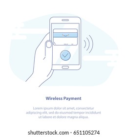 Flat line icon concept of Wireless Payment or Transfer NFC Payment. Web page and credit card on smartphone screen. Isolated Vector Illustration