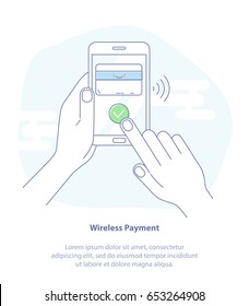 Flat line icon concept of Wireless Payment. Payment page and credit card on smartphone screen. Modern Flat isolated design illustration.