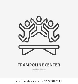 Flat line icon of happy people jumping on trampoline. Trampolining sign. Thin linear logo for amusement park, corporate party entertainment.
