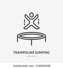 Flat line icon of happy persone jumping on trampoline. Trampolining sign. Thin linear logo for amusement park, corporate party entertainment.