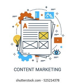 Flat Line Icon Infographics Concept Of Content Marketing, Blog Creation, Marketing And News Production