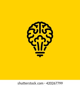 Flat line icon of light bulb looks like brain. Creative logo template