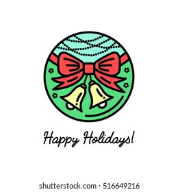 Flat line icon on the New Year's and Christmas Holiday. Christmassy red bow with bells .