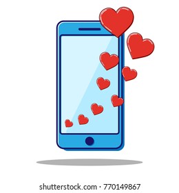 Flat line icon phone with hearts, Valentine gift. Vector.