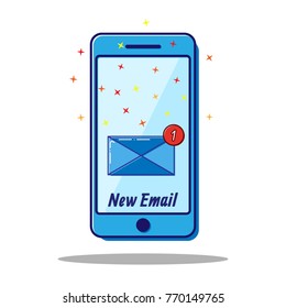 Flat line icon phone with new email. Vector.