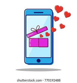 Flat line icon phone with Open box and hearts, Valentine gift. Vector.