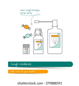 Flat line icon set of cough remedies. Card contains banner for text with a shadow and a hand-drawn arrow with the text.Vector illustration in outline style isolated on white of spray for throat.