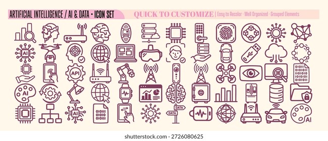 Un conjunto de iconos de línea plana representa motivos de datos y IA para presentaciones de IU, marca y tecnología, estilo ilustrativo mínimo limpio.