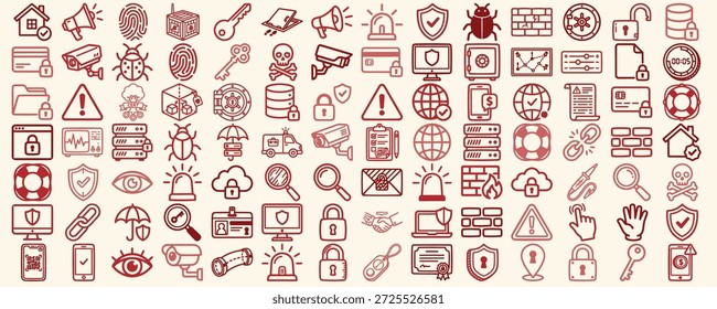 A flat line icon set displays cybersecurity symbols in a red outline grid for ui kits and branding, minimal.