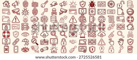A flat line icon set displays cybersecurity symbols in a red outline grid for ui kits and branding, minimal.