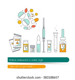 Flat line icon set of medicament.  The card on the medical theme, contains banner for text with a shadow and a hand-drawn arrow with the text.Vector illustration in outline style isolated  on white.