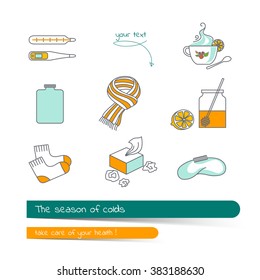 Flat line icon set on the subject of season colds. The card on the medical theme, contains banner for text with a shadow and a hand-drawn arrow with the text.Vector illustration in outline style.