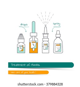 Flat line icon set of remedies for runny nose. Card contains banner for text with a shadow and a hand-drawn arrow with the text.Vector illustration of runny nosein outline style isolated on white 