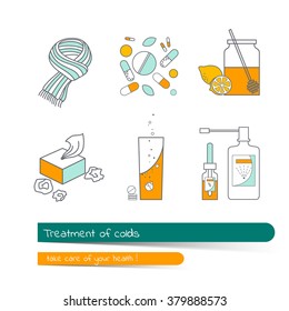 Flat line icon set. Treatment of colds. Vector illustration in outline isolated on white background. The card contains banner for text with a shadow. Traditional and modern medicine