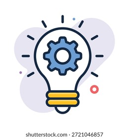 Icono de línea plana que muestra el engranaje y la bombilla para el proceso de innovación.