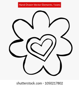 Flat Line Icon, Sign, Symbol, Flower Decorative Spring Floral Garden Plant Template 7 Petals with Heart Outline. Graphic Design Concept, Element, Vector, Illustration EPS 10 