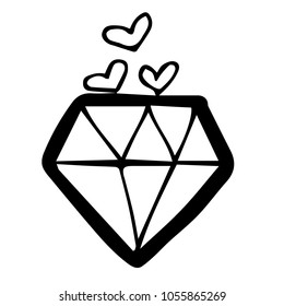 Flat Line Icon, Sign, Symbol Diamond with Small Hearts Treasure Gemstone Fashion Brilliant Luxury Isolated Background Outline. Graphic Design Resource, Elements, Vector Illustration EPS 10