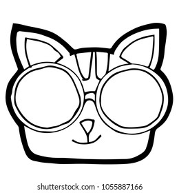 Flat Line Icon, Sign, Symbol Cute Animal Cat Head Glasses Isolated Background Outline. Graphic Design Resource, Elements, Vector Illustration EPS 10