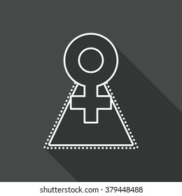 Flat line icon - Venus sign in the form of an abstract female silhouette. Long straight shadow. 