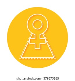 Flat line icon - Venus sign in the form of an abstract female silhouette. Long straight shadow.