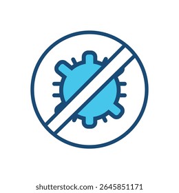 Ícone de linha plana de um vírus com um sinal de proibição, representando bloqueio de vírus, proteção antivírus, prevenção de infecções e segurança contra pandemias. Ideal para uso em saúde, saneamento, antivírus
