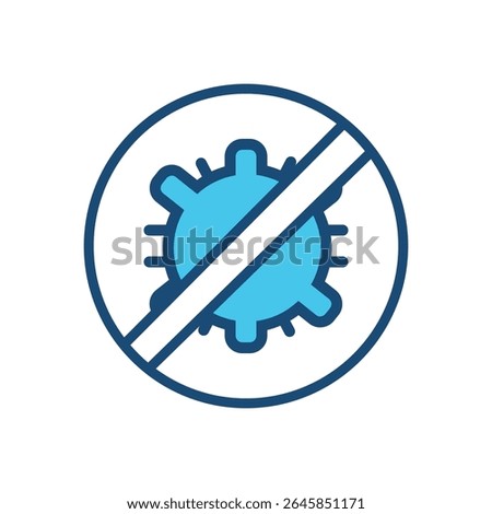 Flat line icon of a virus with a prohibition sign, representing virus blocking, antivirus protection, infection prevention, and pandemic safety. Ideal for use in healthcare, sanitation, antivirus