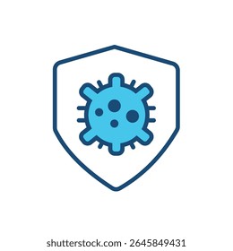 Ícone de linha plana do escudo de proteção contra vírus, simbolizando imunidade, defesa antivírus e proteção contra a Covid-19 ou outras infecções. Ideal para uso em saúde, conscientização sobre pandemias, campanhas de vacinação