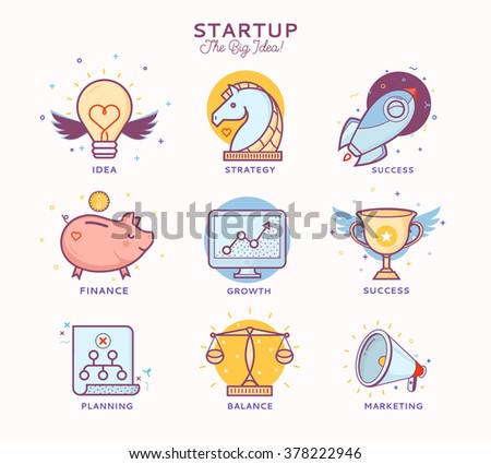 Flat line icons of business project startup process, from idea through planning and strategy, marketing, finance, to realization and success. 