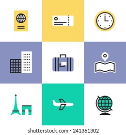 Flat line icons of business travel via airplane flight, tourist luggage and plane tickets, city landmark and world symbol. Infographic icons set, logo abstract design pictogram vector concept.