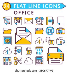Flat line icons. Business workflow items and elements, office things and equipment, finance and marketing objects. Set for mobile web, apps, interface design. Vector EPS10.