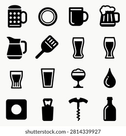 Flat line icons depicting various beer related items and brewing equipment with transparent background