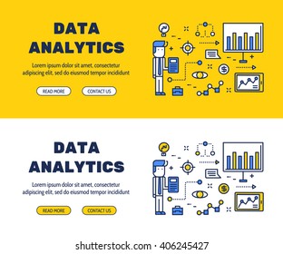 Flat line icons design of DATA ANALYTICS and elements illustration concept for website banner, printing , book cover and corporate documents.