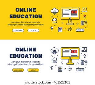 Flat line icons design of ONLINE EDUCATION and elements illustration concept for website banner, printing , book cover and corporate documents.