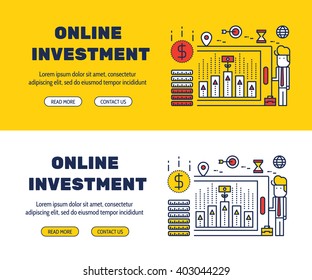 Flat line icons design of ONLINE INVESTMENT and elements illustration concept for website banner, printing , book cover and corporate documents.