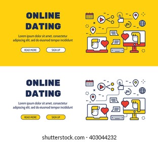 Flat line icons design of ONLINE DATING and elements illustration concept for website banner, printing , book cover and corporate documents.