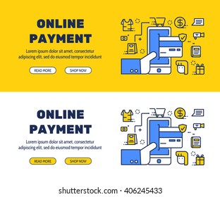 Flat line icons design of ONLINE PAYMENT and elements illustration concept for website banner, printing , book cover and corporate documents.