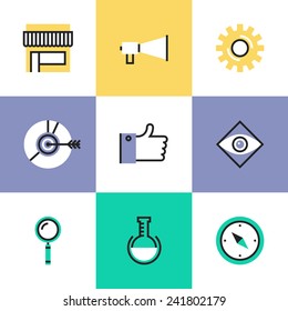 Flat line icons of digital marketing development elements, social media strategy, market solution, website seo optimization. Infographic icons set, logo abstract design pictogram vector concept.