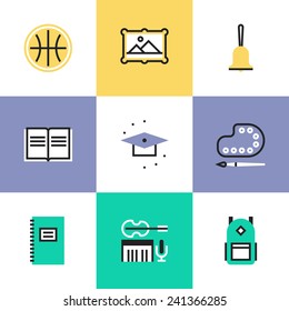 Flat line icons of education objects and elementary school items, art and music symbol, student equipment. Infographic icons set, logo abstract design pictogram vector concept.